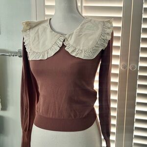 Zara Brown Sweater with Cream Ruffled Collar